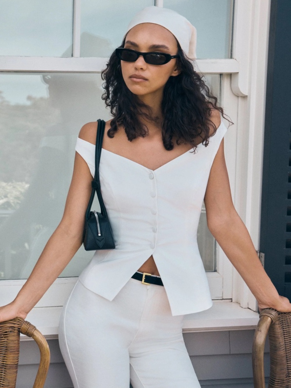 Meshki “Billie” Off Shoulder Sleeveless Button Top - White